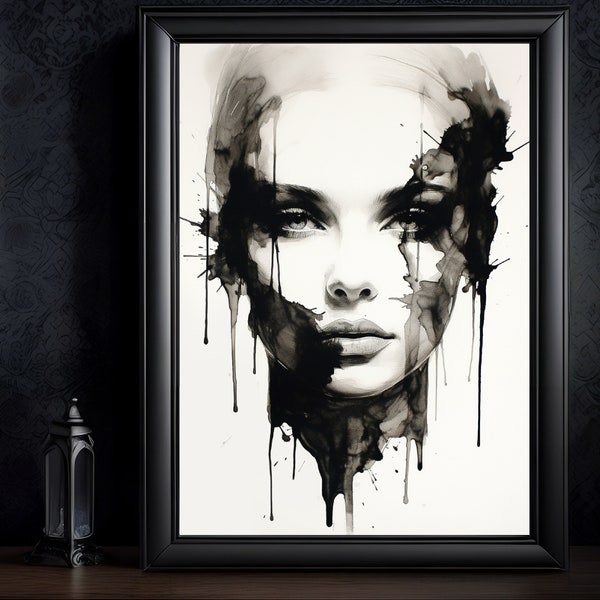 Femme en noir et blanc, style tâche d'encre de rorschach, poster, tableau, toile, décoration élégante, idée cadeau déco