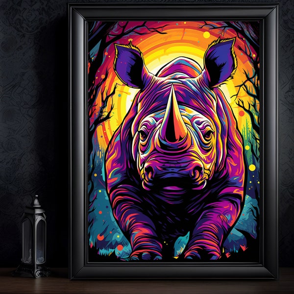 Le rhinocéros, dans le style lumière noire, animal totem rhinocéros, idée cadeau rhinocéros, décoration rhinocéros, poster, tableau ou toile