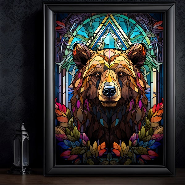 L'ours chamanique, dans le style vitrail, animal totem ours, idée cadeau ours, décoration ours, poster, tableau ou toile