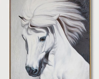 60x50 cm Weißes Pferd Ölgemälde auf Leinwand, gerahmte Wandkunst für Wohnzimmer, Original handgemaltes Tierportrait-Malerei-Wand-Dekor