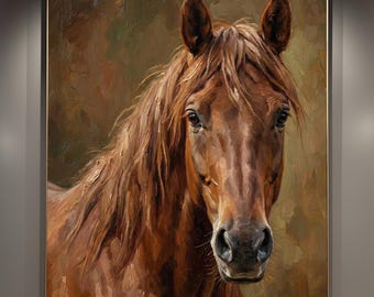 May include: A framed oil painting of a horse's head. The horse has a brown coat and a long, flowing mane. The painting is done in a realistic style, with detailed brushstrokes. The background is a muted green and brown.