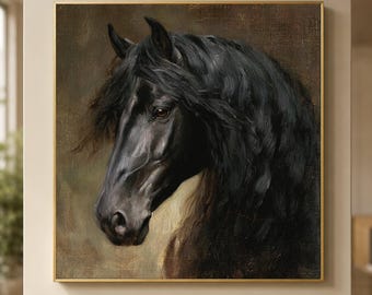 Ritratto di cavallo personalizzato a olio da foto, opera d'arte equina su tela con cornice, regalo commemorativo per animali domestici.
