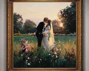 May include: An oil painting in a decorative gold frame depicting a couple kissing in a field of wildflowers at sunset. The person on the left wears a black suit, and the person on the right wears a white gown with a veil and holds a floral bouquet.