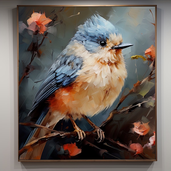 Peinture à l'huile personnalisée originale de photo, oeuvre d'oiseau colorée lumineuse sur toile, peinture faite à la main avec cadre, décoration murale de cadeaux personnalisés