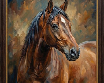 May include: A framed oil painting of a brown horse with a black mane and a white stripe on its face. The horse is depicted in a realistic style with a soft, blurred background. The frame is dark brown.