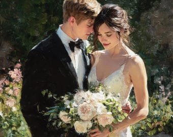 Custom Hand Painted Wedding Oil Painting from Photo, Framed Couple Portrait Commission on Canvas