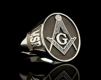 Masonic Signet Ring – Custom Freemason Ring, Personalized Engraved Seal Jewelry with Compass and Square Symbol, Unique Gift for Men