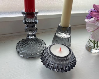 Grey glass candle holder set of 3 Vegan wax candles Modern taper & tealight holders Zen decor, Wedding gift minimalist Home accent