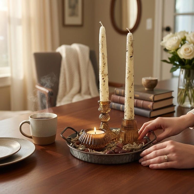 May include: A decorative centerpiece on a wooden table features two cream-colored taper candles in amber glass holders, a lit votive candle, and a metal tray. A mug of coffee and a plate are also on the table.