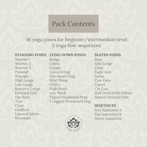 May include: A chart listing 36 yoga poses for beginner and intermediate levels, divided into three categories: Standing Poses, Lying Down Poses, and Seated Poses. The chart also includes three yoga flow sequences: Sun Salutation A, Sun Salutation B, and Moon Salutation.