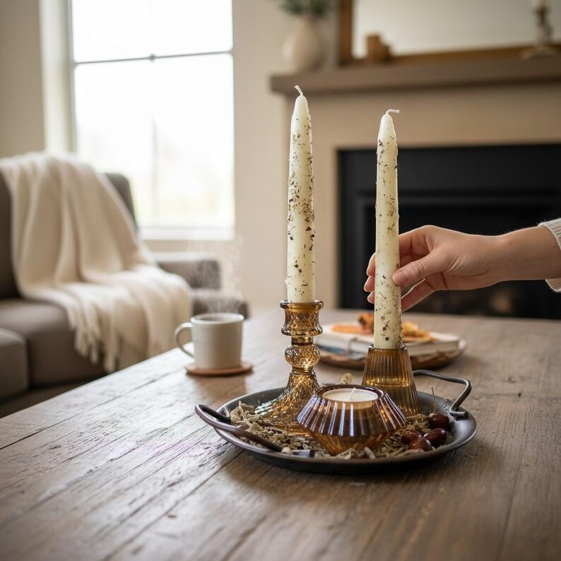 May include: A decorative arrangement on a wooden table features two tall, cream-colored candles with speckled details in ornate amber-colored candle holders. A small amber candle holder and a metal tray with decorative elements complete the display. A hand is holding one of the candles.