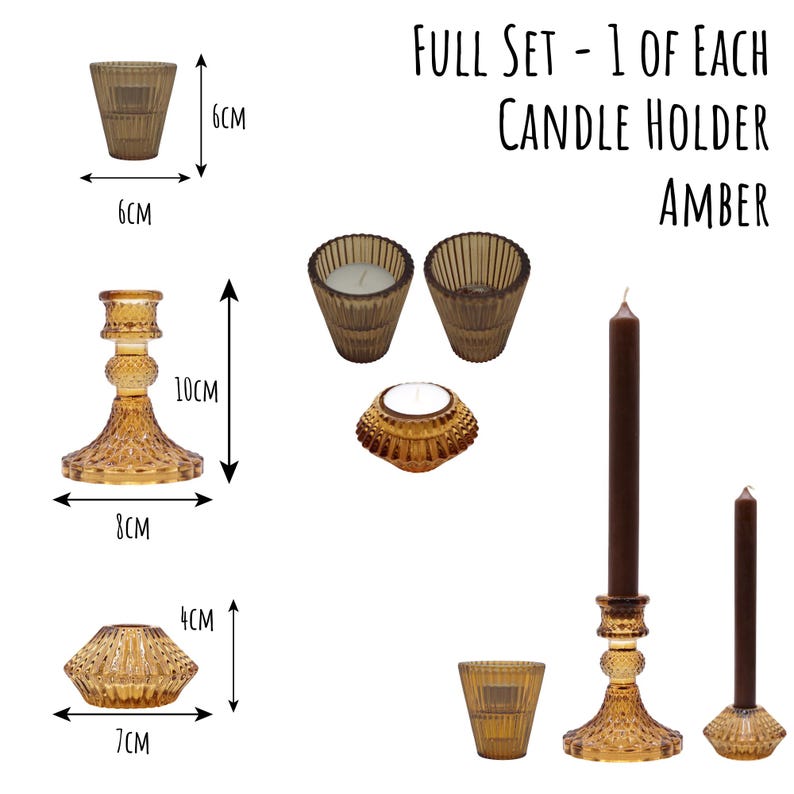 May include: An amber-colored candle holder set. The set includes various candle holders, including a 10 cm tall candlestick, a 6 cm tall votive holder, and a 7 cm wide decorative holder. The text "FULL SET - 1 OF EACH CANDLE HOLDER AMBER" is displayed.