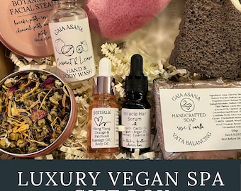 Caja de regalo de spa vegano de lujo para ella. Cesta de mimos de cumpleaños para esposa o novia. Sales de baño, aceite corporal, vapor facial. Regalo de autocuidado para mujeres.