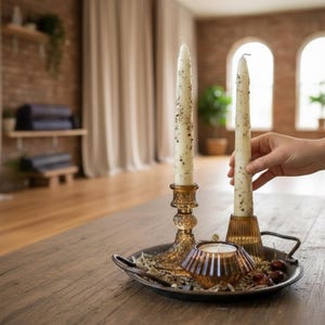 May include: Two cream-colored taper candles with speckled details sit in amber glass candle holders on a dark metal tray. A small geometric candle holder with a lit candle and decorative items are also on the tray. The scene is set on a wooden table.