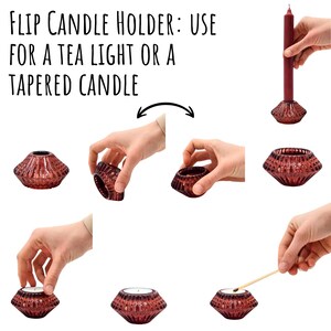 May include: A red glass flip candle holder, shown with a tea light and a tapered candle. The text reads "Flip Candle Holder: Use for a tea light or a tapered candle."