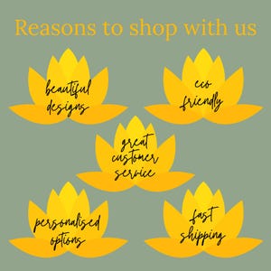 May include: An image with the text "Reasons to shop with us" in gold lettering. Five yellow lotus flowers each contain a reason to shop: "beautiful designs", "eco friendly", "great customer service", "personalized options", and "fast shipping". The background is a muted green.