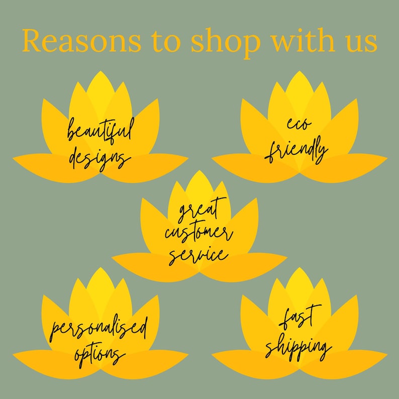 May include: An image with the text "Reasons to shop with us" in gold lettering. Five yellow lotus flowers each contain a reason to shop: "beautiful designs", "eco friendly", "great customer service", "personalized options", and "fast shipping". The background is a muted green.