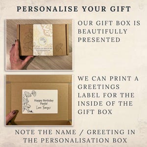 May include: A brown cardboard gift box with a personalized label. The label has a hand-drawn illustration of a ginkgo leaf and the text "Happy Birthday Paula! Love Tracey x".