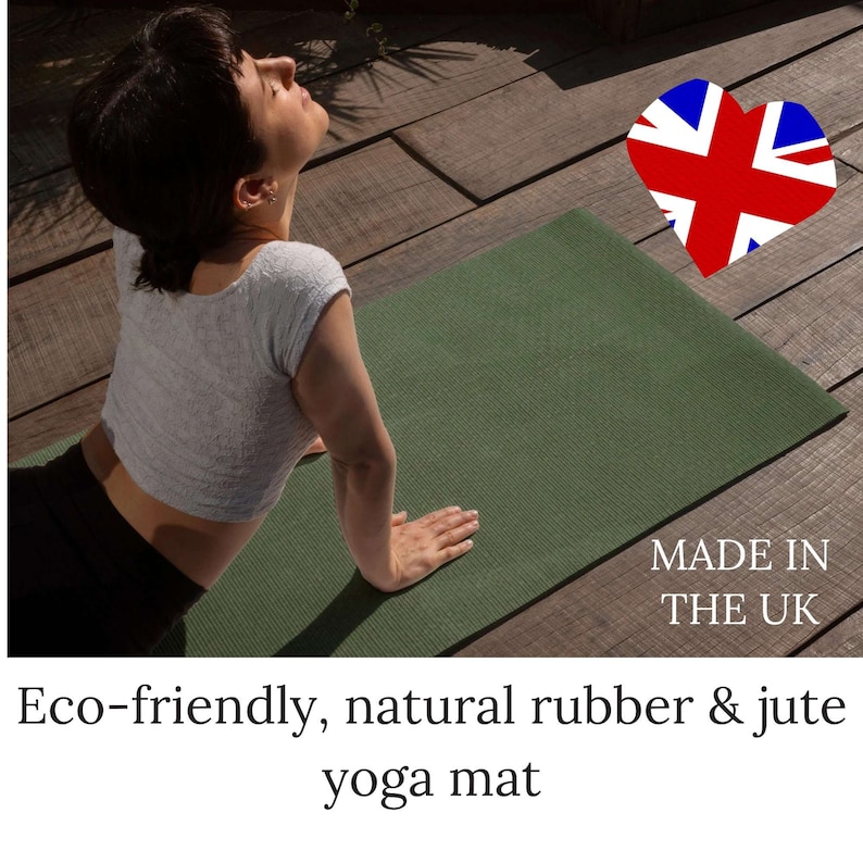 May include: A green yoga mat made of natural rubber and jute. The mat is rectangular and has a textured surface. The text "Eco-friendly, natural rubber & jute yoga mat" is displayed below the mat.