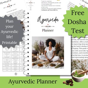May include: A printable Ayurvedic planner featuring a woman meditating in the centre of the page. The planner includes a free Dosha test and information about Ayurvedic remedies. The text "Plan your Ayurvedic life!" is in a grey circle with a white border.