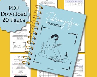 May include: A light blue spiral-bound journal titled "Fibromyalgia Trackers" with a line drawing of a person reading. The journal is surrounded by pages with charts and text. The words "PDF Download 20 Pages" are in a blue bubble.