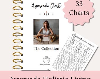 May include: A spiral bound book with a gold coil, titled "Ayurvedic Charts: The Collection". The cover features a woman with long brown hair sitting at a table with flowers. The book includes 33 charts on Ayurveda Dosha Attributes.