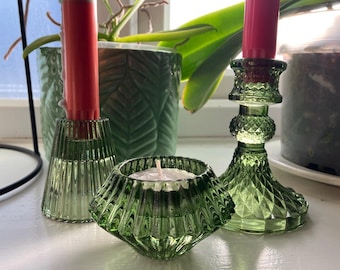Green glass candle set of 3 with vegan wax candles Tranquil taper and tealight holders Spring decor, Healing altar Housewarming Gift