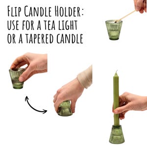 May include: A green glass flip candle holder. The text on the image reads: "Flip Candle Holder: Use for a tea light or a tapered candle." The holder can be flipped to hold a tea light or a tapered candle.