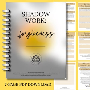 May include: A spiral-bound workbook titled "SHADOW WORK: forgiveness" with a yellow and white cover. The Gaia Asana logo is at the bottom. The workbook includes a 7-page PDF download. Additional pages are visible, with text including "Forgiveness Your Guided".