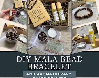 May include: DIY Mala Bead Bracelet kit with brown wooden beads, a small bag of beads, and two aromatherapy pulse roller bottles labeled "Energise" and "Calm".