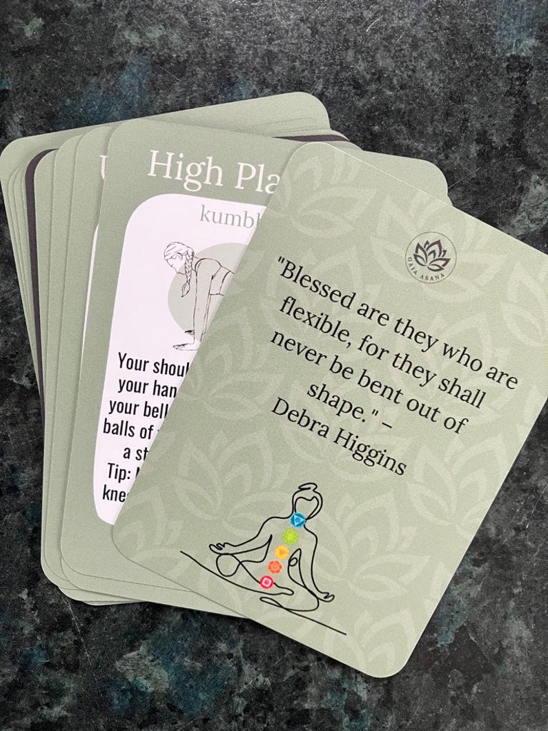 May include: A green card with a quote about flexibility and a drawing of a person in a yoga pose. The quote reads "Blessed are they who are flexible, for they shall never be bent out of shape." - Debra Higgins. The card has a lotus flower logo and the words "Gaia Asana".