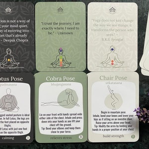 May include: Set of 8 black and green yoga pose cards with illustrations and text. The cards feature poses like Lotus, Cobra, and Chair. Each card includes a quote about yoga and meditation.