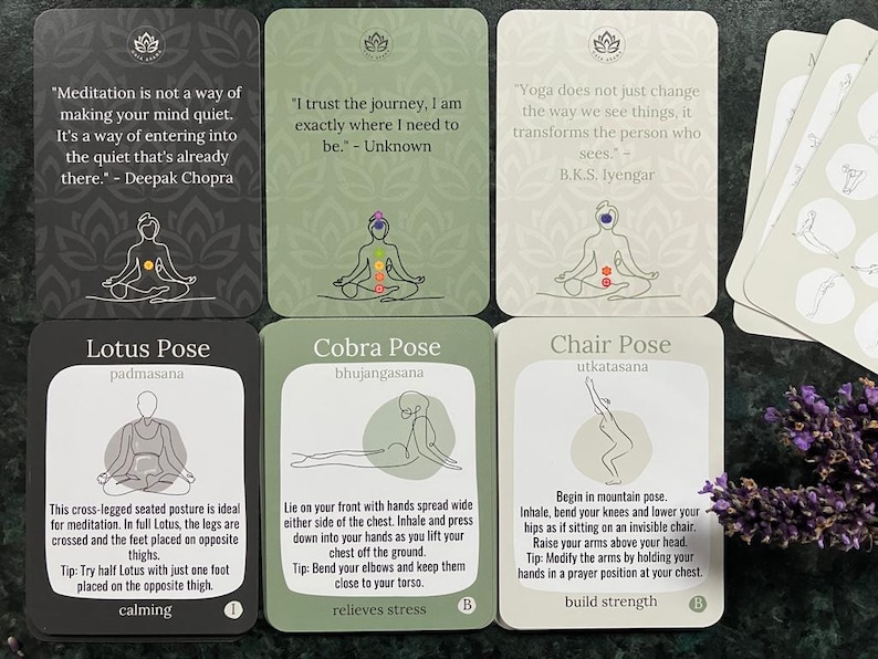 May include: Set of 8 black and green yoga pose cards with illustrations and text. The cards feature poses like Lotus, Cobra, and Chair. Each card includes a quote about yoga and meditation.