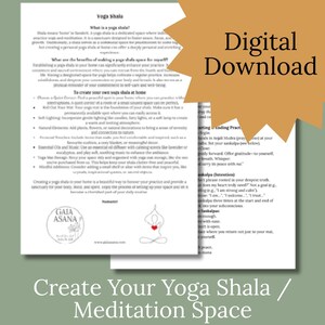 May include: A digital download featuring a guide on creating a yoga shala or meditation space. The document includes text and illustrations, with the words "Digital Download" prominently displayed. The overall theme is wellness and mindfulness.