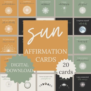 May include: A set of 20 affirmation cards with a sun theme. The cards display affirmations with decorative elements such as mandalas, moons, and suns. The words "Sun Affirmation Cards" and "Digital Download" are also visible.
