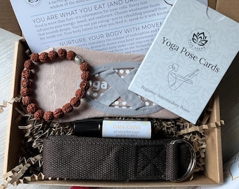 Yoga socks yoga strap set Eco-friendly gym kit accessories Aromatherapy pulse roller Mala beads, Yoga pose cards Gift for Yoga teacher