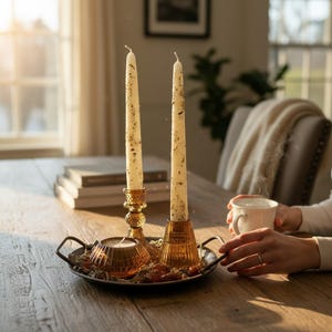 May include: A decorative tray holds two gold candle holders with tall, cream-colored candles. A small candle holder and a cup of coffee sit on the wooden table. The scene is bathed in warm sunlight, creating a cozy atmosphere.