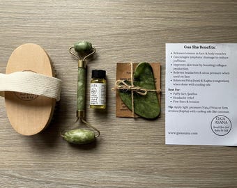 Ayurvedic Gua Sha Set, Jade Facial Roller, Gua Sha, Massage Brush, Dosha-Balancing Oil, Vata Pitta Kapha, Face Sculpting Kit, Face Massager