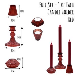 May include: A full set of red candle holders, including a 10 cm tall candlestick, a 7 cm wide geometric candle holder, and two tea light holders. The set also includes three red candles. The text on the image reads "FULL SET - 1 OF EACH CANDLE HOLDER RED."