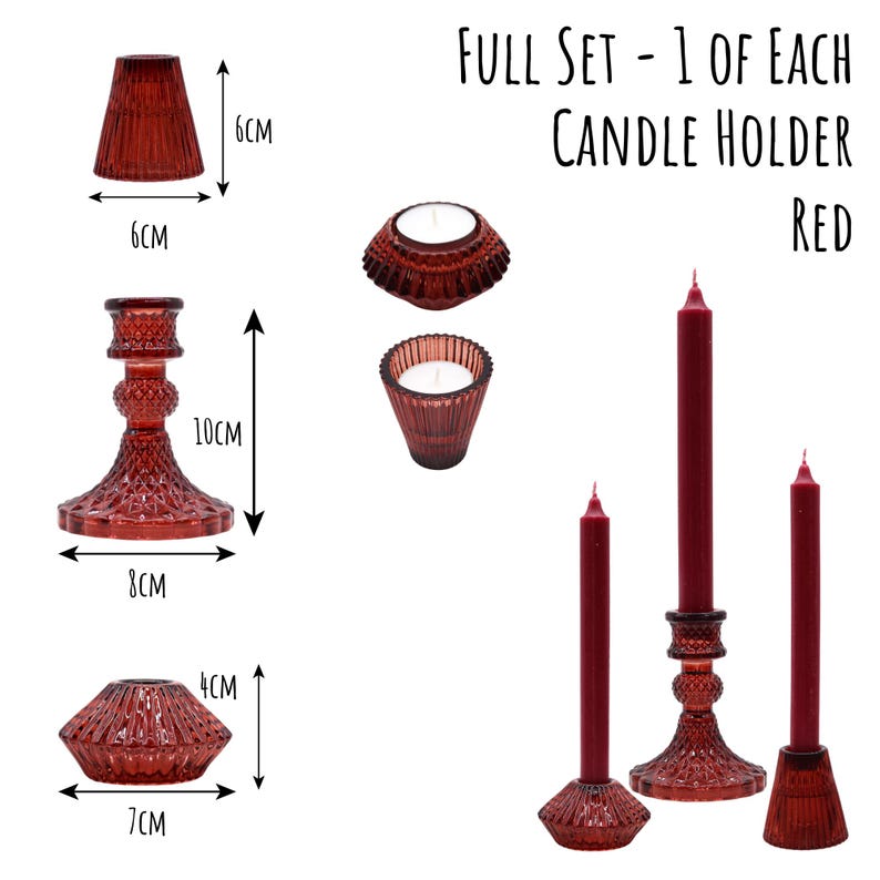 May include: A full set of red candle holders, including a 10 cm tall candlestick, a 7 cm wide geometric candle holder, and two tea light holders. The set also includes three red candles. The text on the image reads "FULL SET - 1 OF EACH CANDLE HOLDER RED."