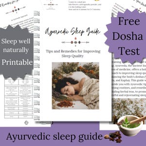 Könnte beinhalten: Ein druckbarer ayurvedischer Schlaf-Ratgeber mit Tipps und Mitteln zur Verbesserung der Schlafqualität. Das Bild zeigt eine friedlich schlafende Frau, umgeben von Kräutern und Blumen. Der Text enthält "Sleep well naturally Printable" und "Free Dosha Test".