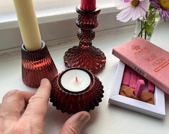 Red glass candle holder set of 3 warm taper and tea light holders for holiday decor Christmas, Valentine's Gift Vintage style Altar Set