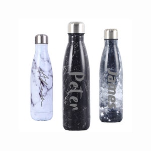 May include: Three stainless steel water bottles with different marble patterns and personalised names:  "Alan", "Peter", and "James".