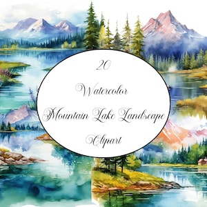 Watercolor Mountain Lake Landscape Clipart, Printable Art, Nature Art Graphic, PNG, Instant Digital Download, Commercial Use