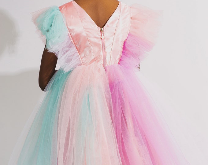Kinder Regenbogen Prinzessin Kleid, Blumen Mädchen Kleid mit Schleife, Kind Weihnachten Party Kleid, Mädchen Geburtstag Hochzeit Tüll Kleid, Schmetterling Kleid