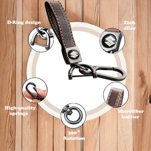 May include: Brown leather keychain with a metal Suzuki logo, a D-ring, and a 360-degree rotating hook. The keychain is made of microfiber leather and has a zinc alloy construction.