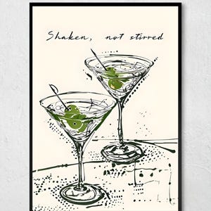 Pósteres enrollados, póster de cóctel de martini, arte de pared agitado pero no revuelto, decoración de bar para el hogar, impresión artística de bebidas, decoración de carrito de bar