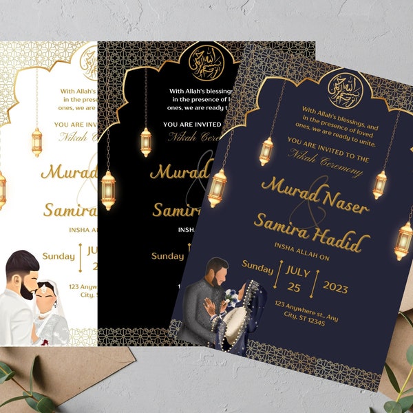 Pakistani Wedding Invitation, Muslim Wedding Invitation Card Design, 3 different Colours with different couple illustrations.