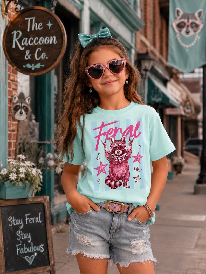 以下が含まれることがあります： 水色のTシャツを着た若い人がいます。ピンク色の「Feral」という文字とアライグマのグラフィックがプリントされています。デニムのショートパンツ、ピンクのハート型のサングラス、ヘアリボンも着用しています。Tシャツはストライプの背景です。