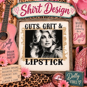 May include: A square wooden sign featuring a black and white portrait of a woman with blonde hair, surrounded by the text GUTS, GRIT & LIPSTICK. The sign is displayed with a pink guitar, a pink cowboy boot, a disco ball, and stacked wooden blocks.